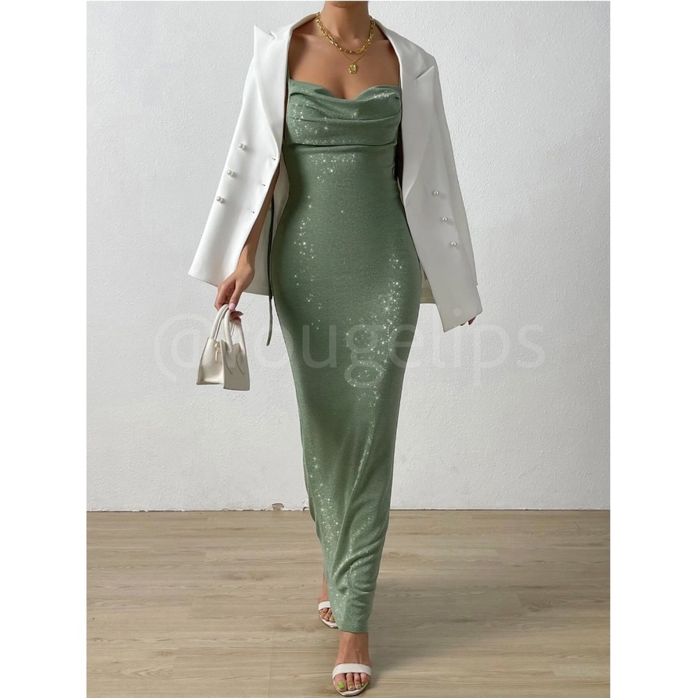 Glitter Lurex Mint Green Cowl Neck Backless Tie Straps Maxi Long Dress - Picture 5 of 14